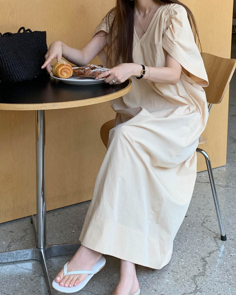 SHIRRED SLEEVE DRESS BEIGE