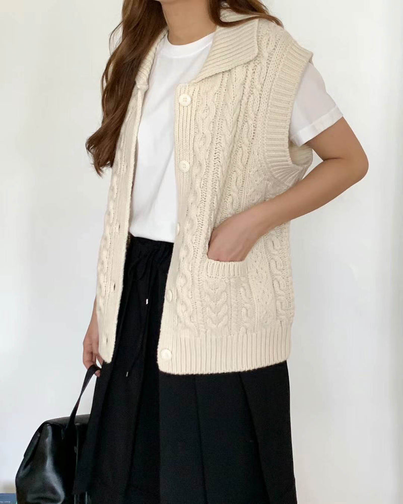 Chunky Cable Knit Buttoned Vest Ivory – SANNA New York